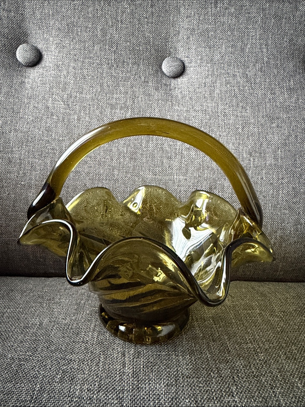 Vintage Viking Olive Green Glass Basket Vase